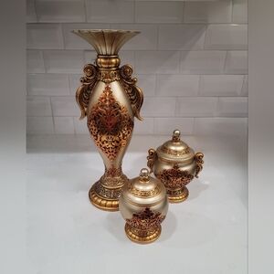 Decorative Candle Holder & Two Matching Small Containers